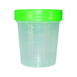 Urine beaker 125 ml, PP with screw cap green, HD-PE pack of 500