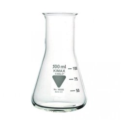 Beute Erlenmeyer, vetro Borosilicato 3.3, bocca larga  Capacità 100 ml Ø  collo 34 mm Ø  esterno  matraccio 64 mm Altezza 105 m