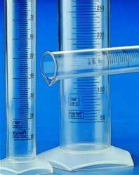 Cilindri graduati, PMP, Classe B, graduazione blu  Capacità 250 ml Grad. 20 ml Tolleranza 2.0 ± ml Altezza 315 mm